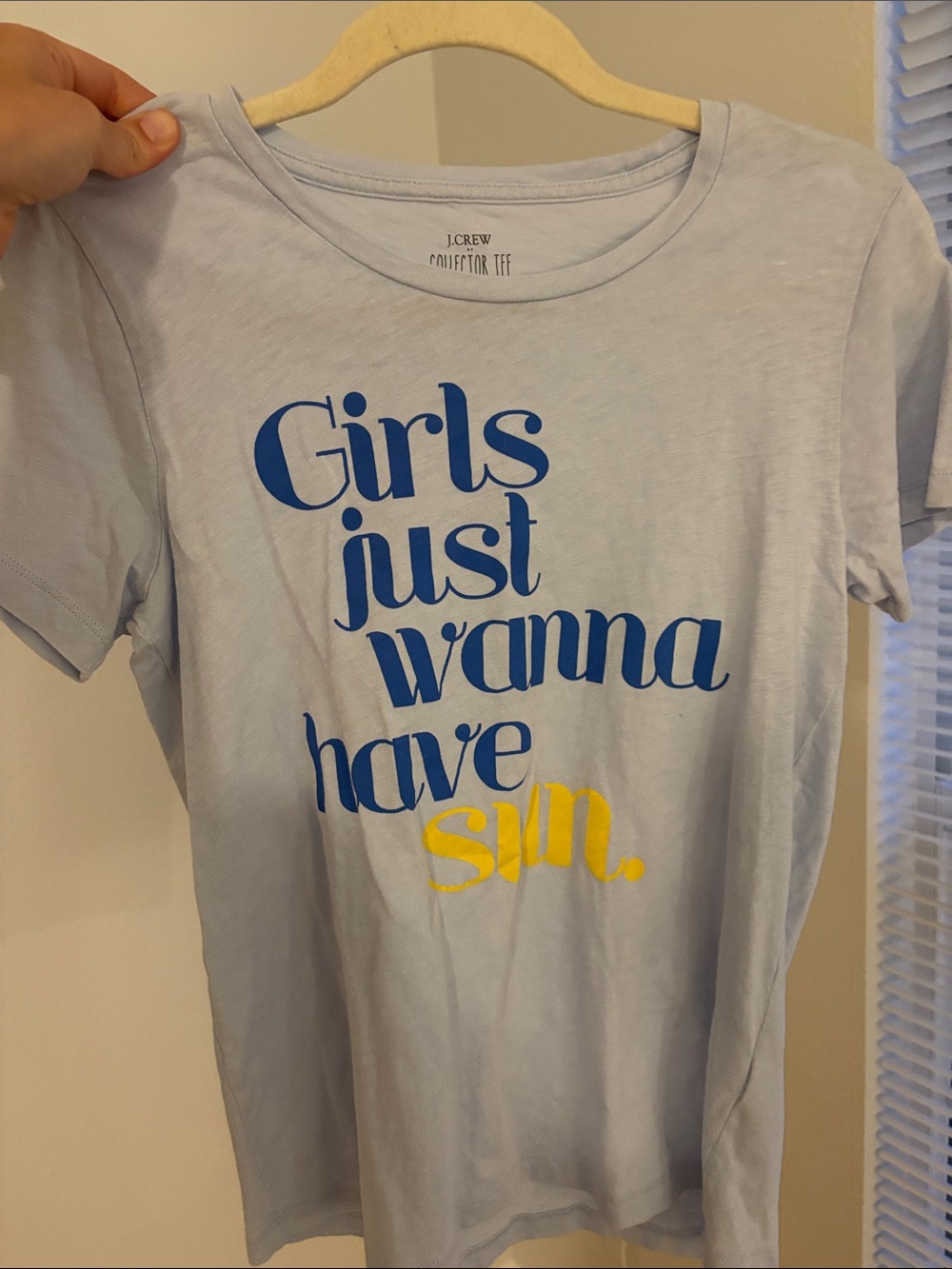J. Crew Light Blue Short Sleeve Tee with Navy and Yellow Graphic